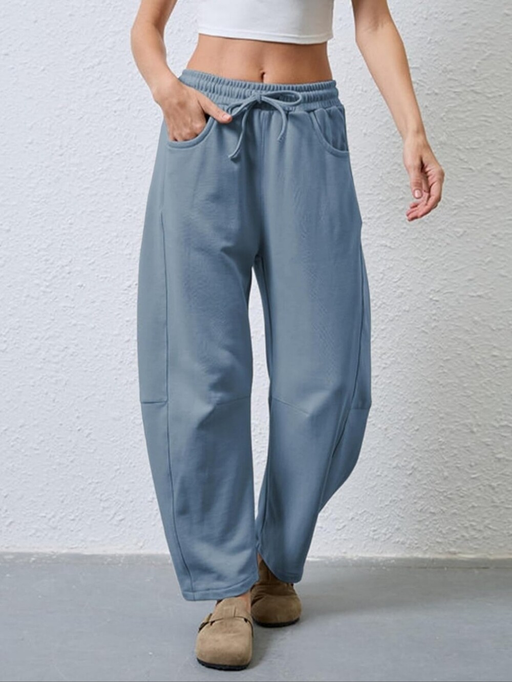 Casual Drawstring Barrel Pants in Blue, Womans Small